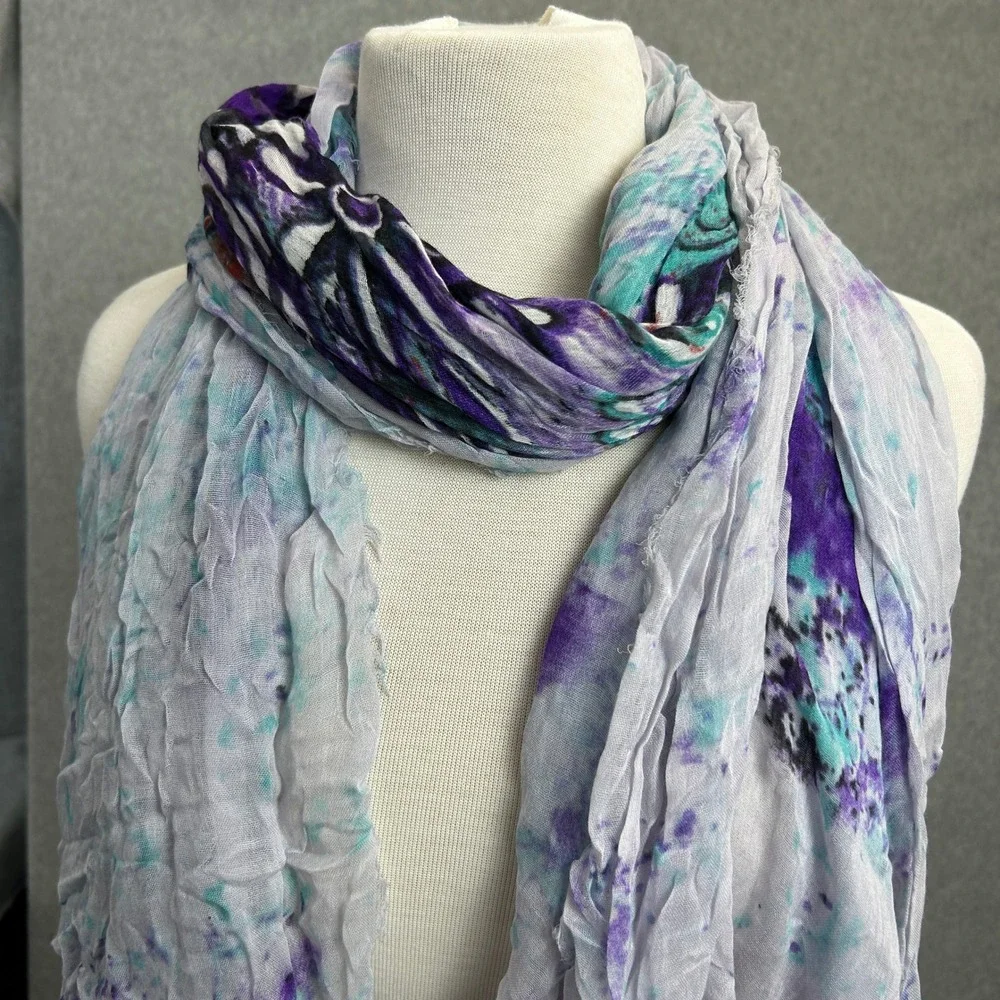 Blue Pacific Scarf Purple Teal Elephant Print Cashmere Silk Blend Bohemian Artsy